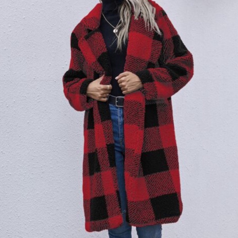 Plaid red black open teddy trench coat jacket cozy warm